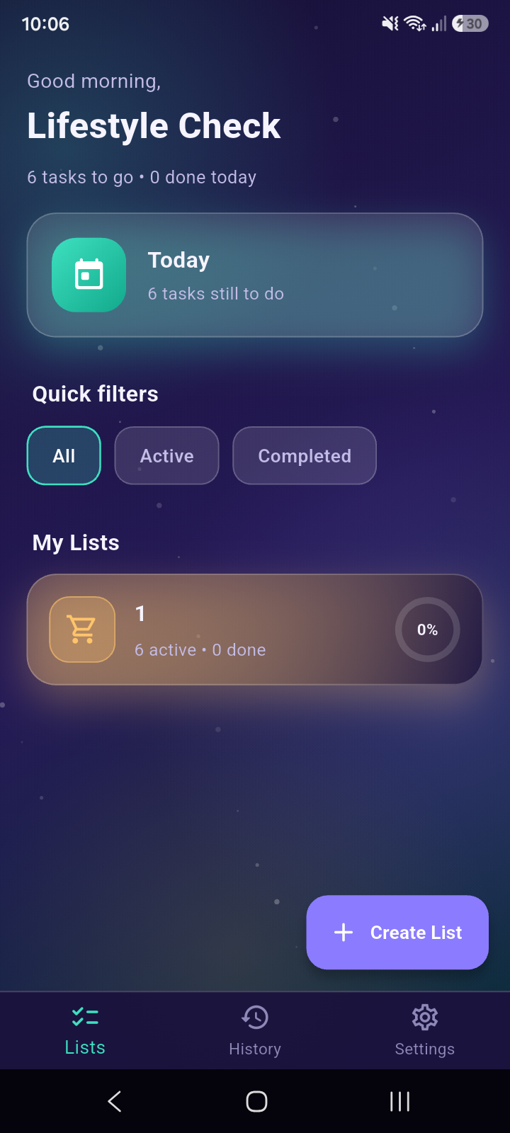 Lifestyle Check home screen
